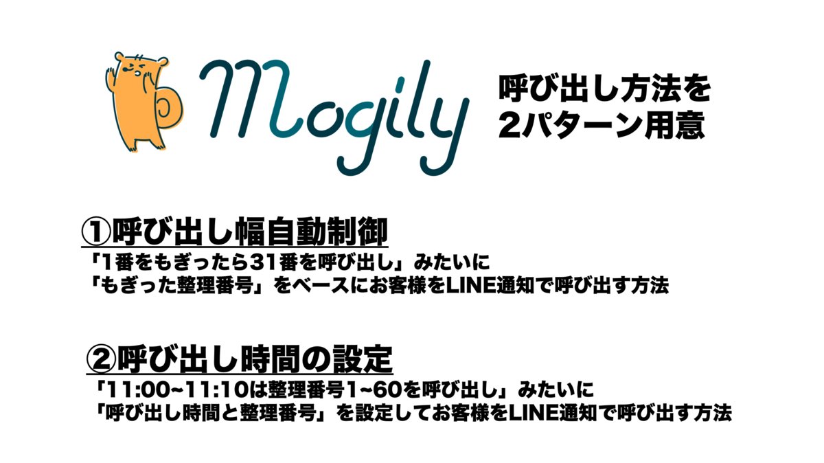 デジタル整理券「mogily」で2種類の呼び出しパターンを設定できるようにしました